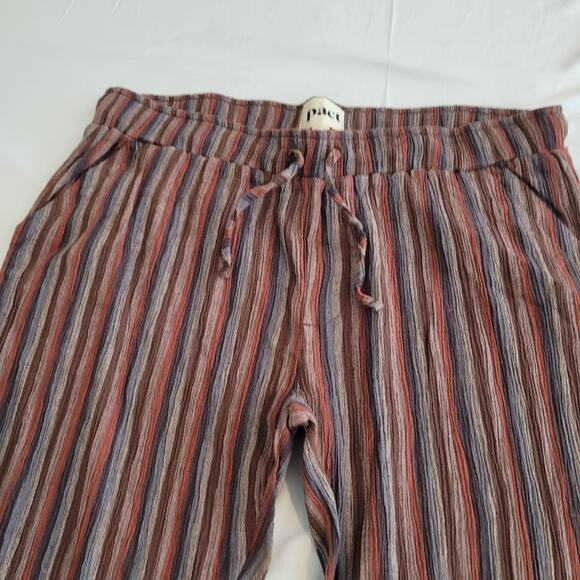 Pact Pants Woman Large Brown Striped Organic Cotton Cropped Gauze Boho - Picture 2 of 15